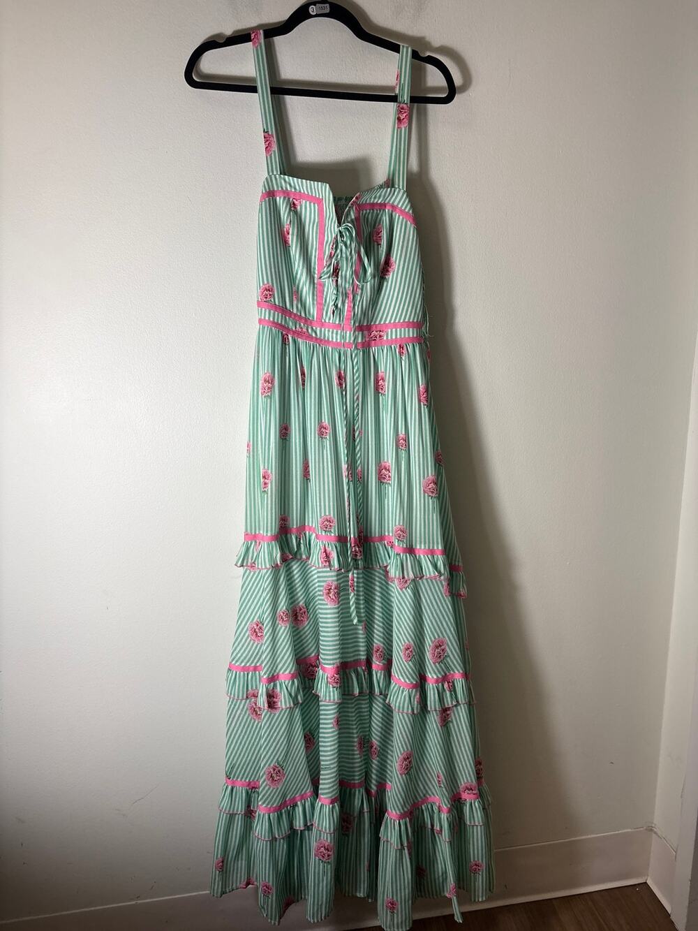 Kleid Pink and Green Floral Strapless Maxi Dress Sz L